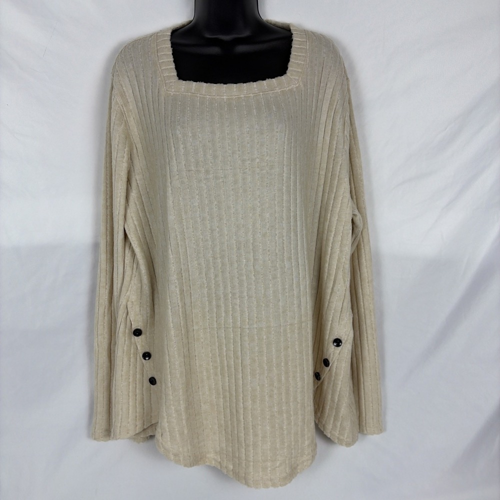 Fantaslook Women Beige Square Neck Tunic Top Long Sleeve Knit Pullover 2XL